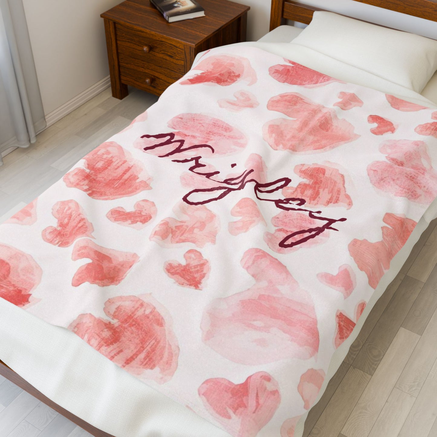Personalized plush blanket with heart design featuring all-over print, soft and cozy fabric from Printify.