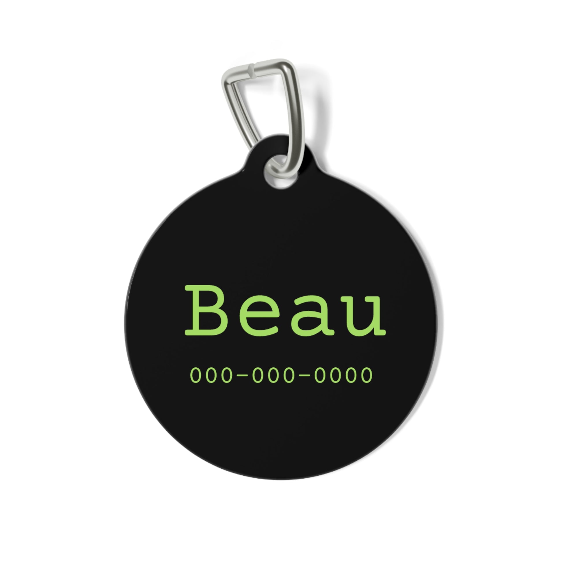Personalized black and green pet ID tag with engraved details, suitable for dogs or cats, by Printify.