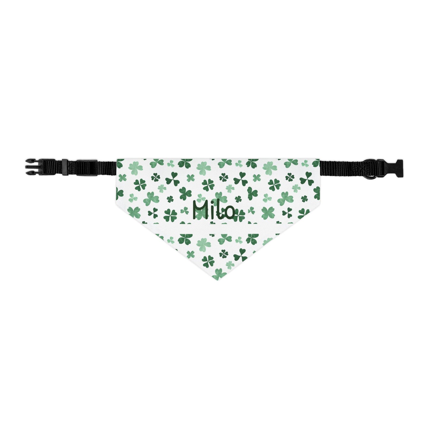 Personalized pet bandana collar with lucky green pattern, featuring adjustable collar and custom name tag for dogs or cats.