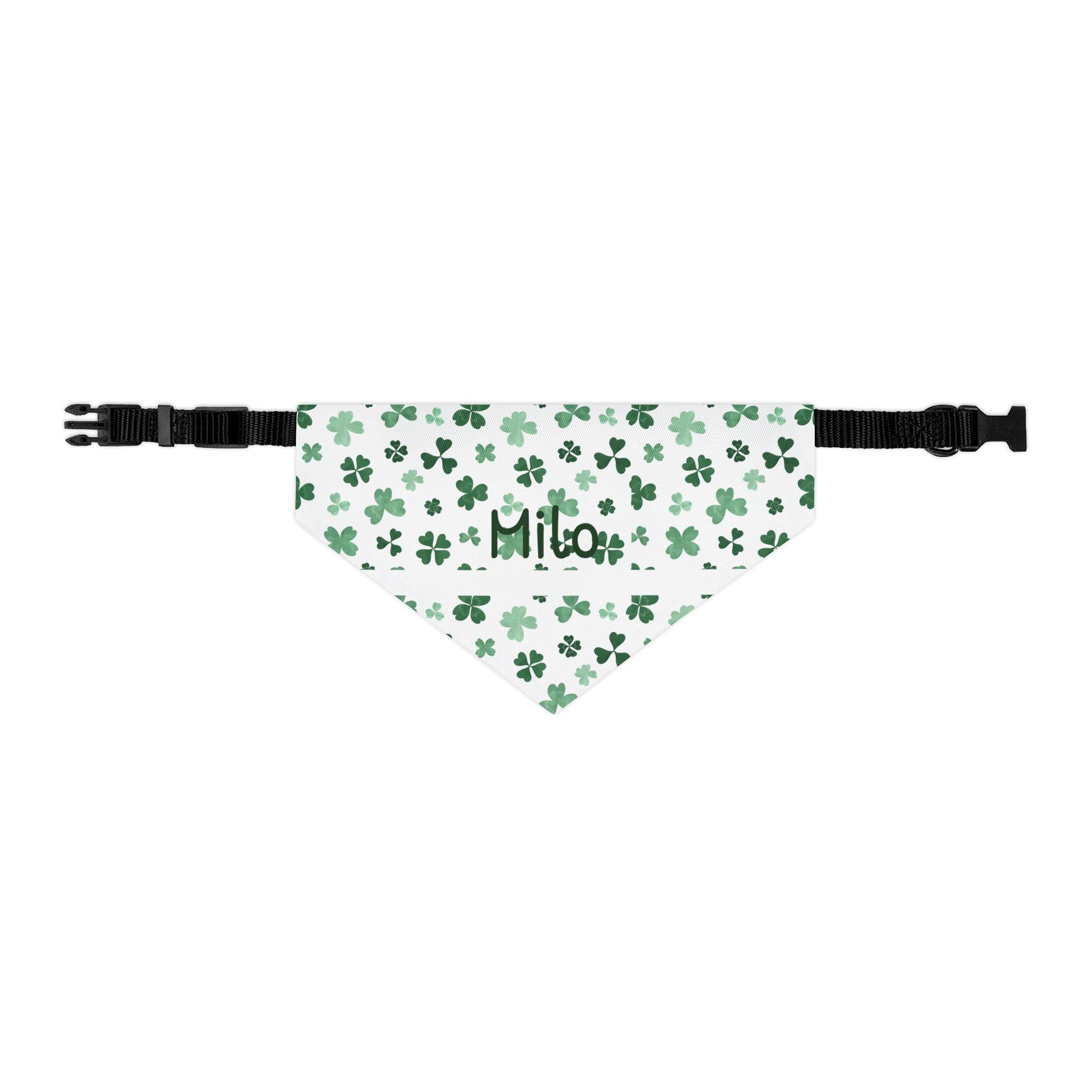 Personalized pet bandana collar with lucky green pattern, featuring adjustable collar and custom name tag for dogs or cats.
