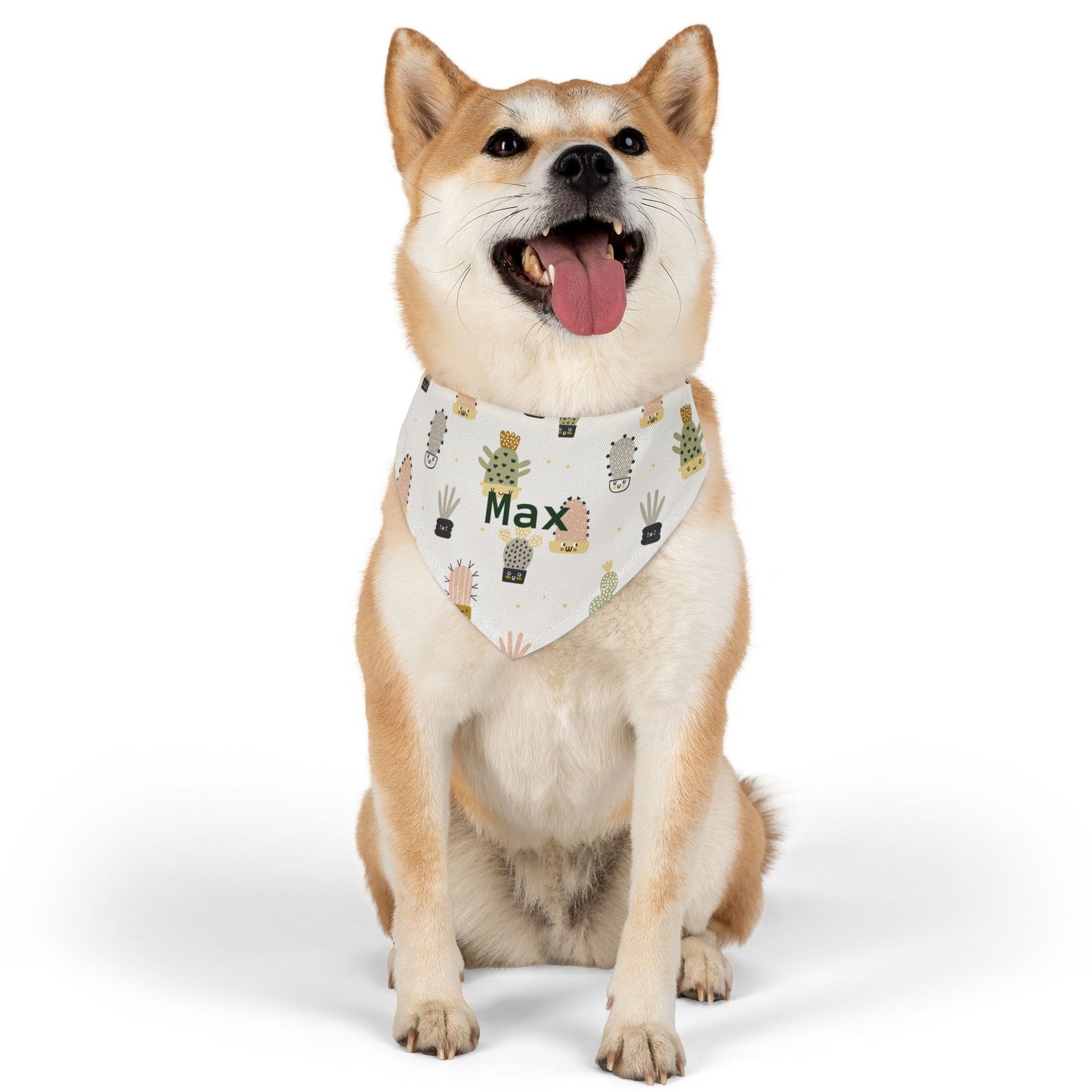 Personalized pet bandana collar with cactus design from Too Fly for a Cacti, featuring vibrant colors and adjustable fit.