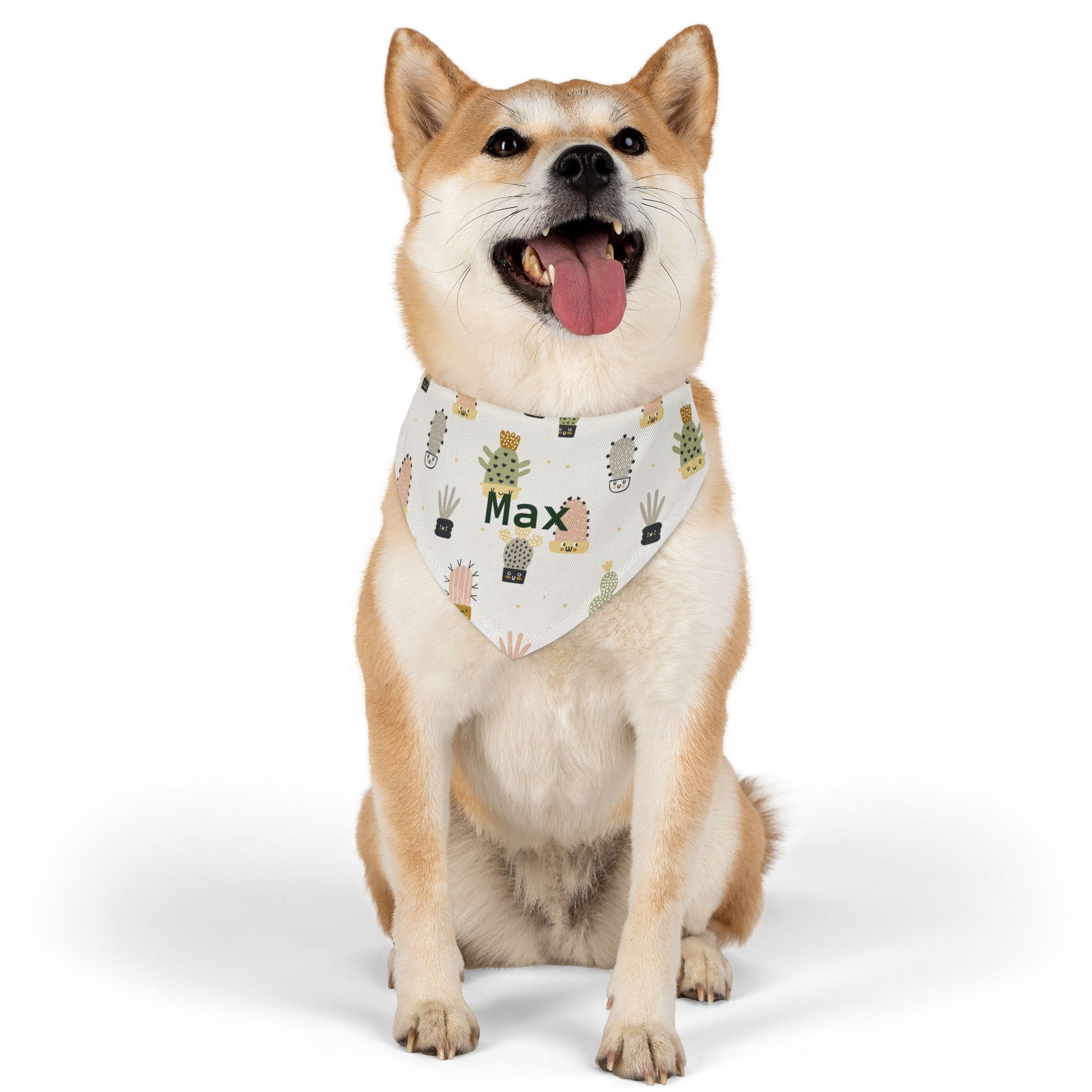 Personalized pet bandana collar with cactus design from Too Fly for a Cacti, featuring vibrant colors and adjustable fit.