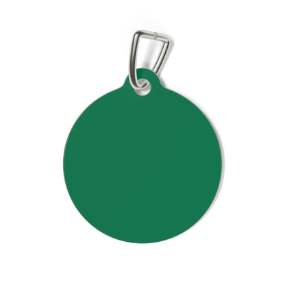 Personalized green pet ID tag with engraved details for pets, featuring the Printify brand on a white background.