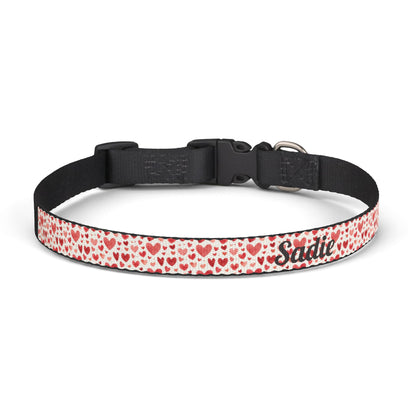Personalized clip-on pet collar with heart pattern featuring adjustable design, ideal for small dogs or cats, by Printify.
