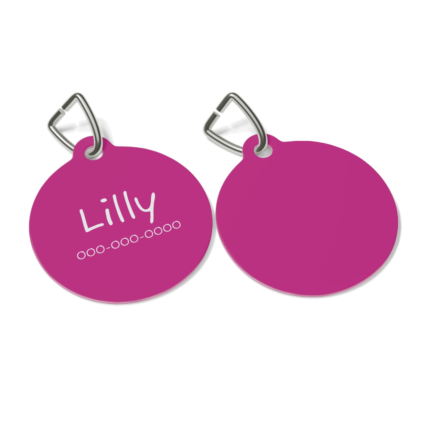 Pink personalized pet ID tag for cats or dogs, with customizable engraving, from Printify.