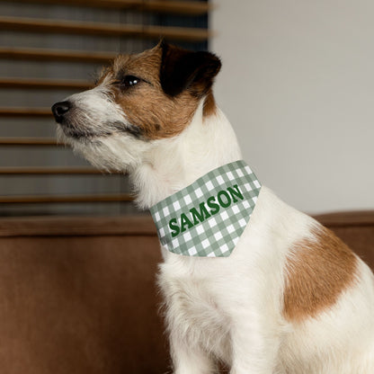 Green gingham personalized pet bandana collar with customizable name tag, made by Printify for dogs or cats.