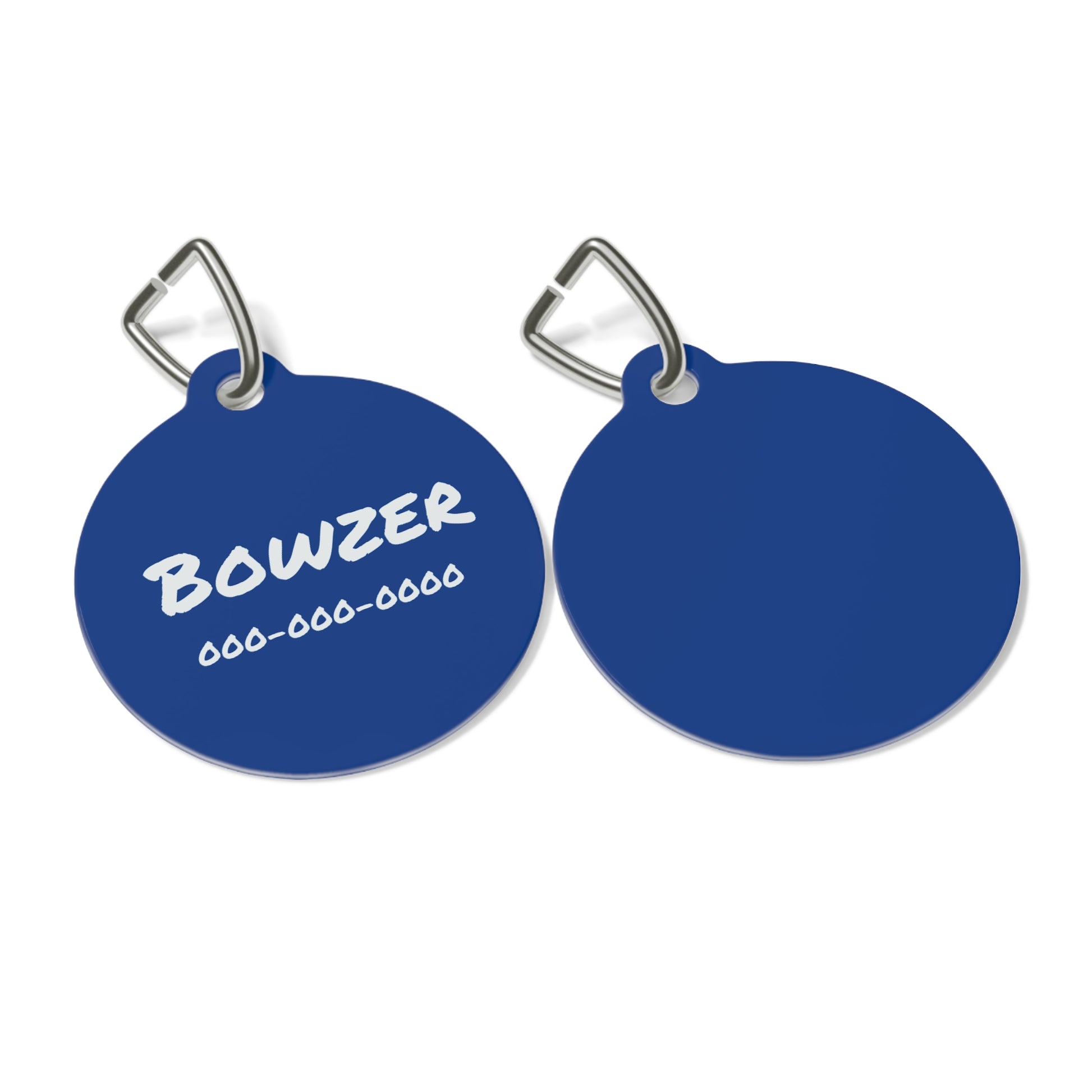 Blue personalized pet ID tag for pets, featuring customizable engraving, from Printify, shown on a pet collar.