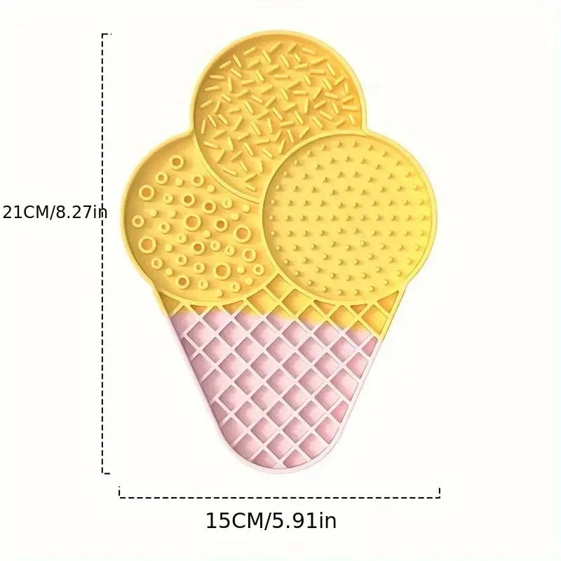 Fetch & Feature silicone slow feeder mat with anti-slip suction cup, designed for cats and dogs to enjoy wet food and snacks.