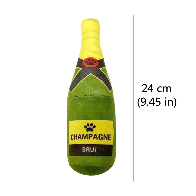 Fetch & Feature plush dog toy shaped like a beer bottle, featuring squeak sound and chewable design for small and large dogs.