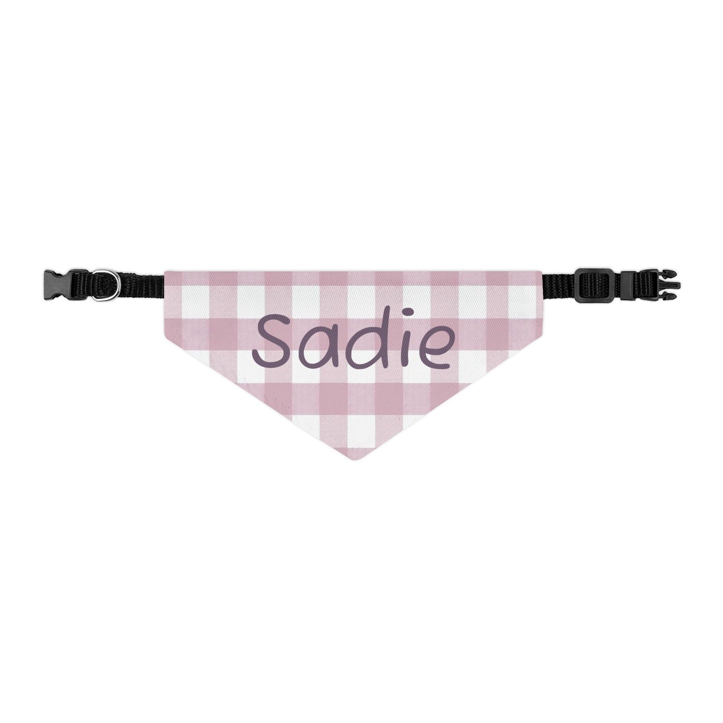 Pink gingham pet bandana collar with personalized customization, suitable for dogs and cats.