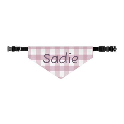 Pink gingham pet bandana collar with personalized customization, suitable for dogs and cats.