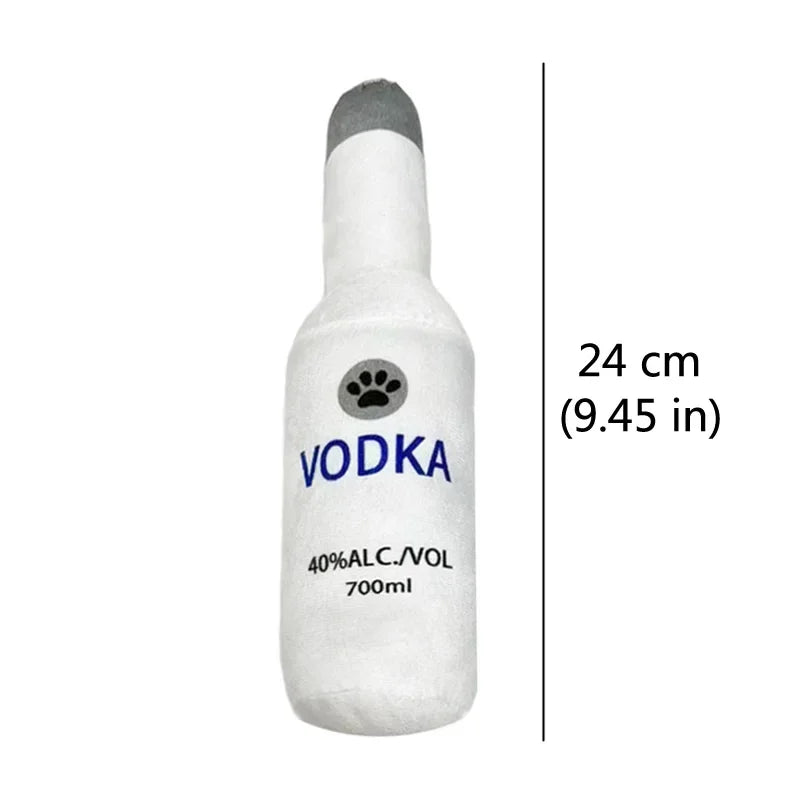 Fetch & Feature plush dog toy shaped like a beer bottle, with squeak sound, designed for small and large dogs to chew and play.
