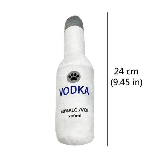 Fetch & Feature plush dog toy shaped like a beer bottle, with squeak sound, designed for small and large dogs to chew and play.