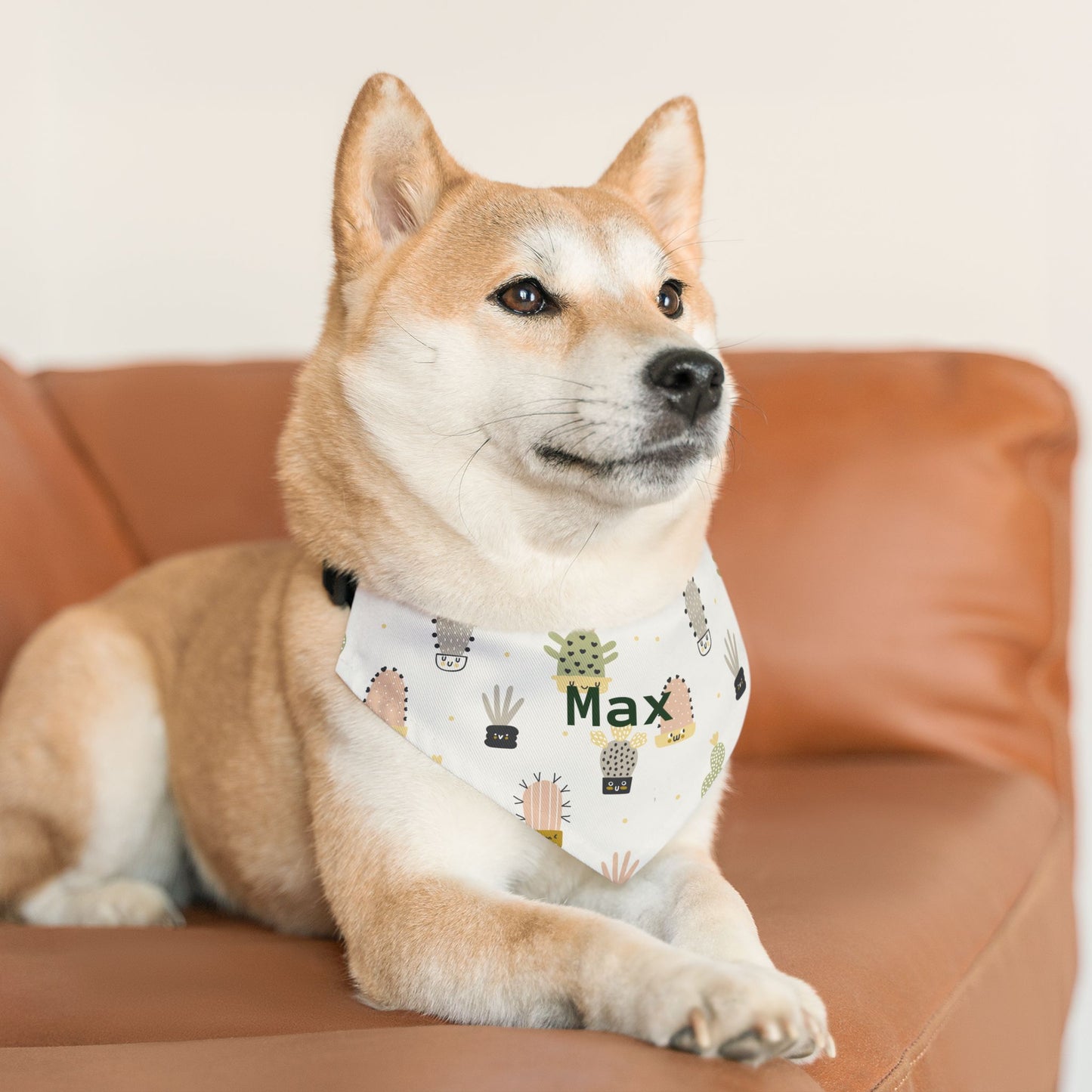 Personalized pet bandana collar with cactus print for dogs, featuring custom text, from Printify’s Too Fly for a Cacti collection.