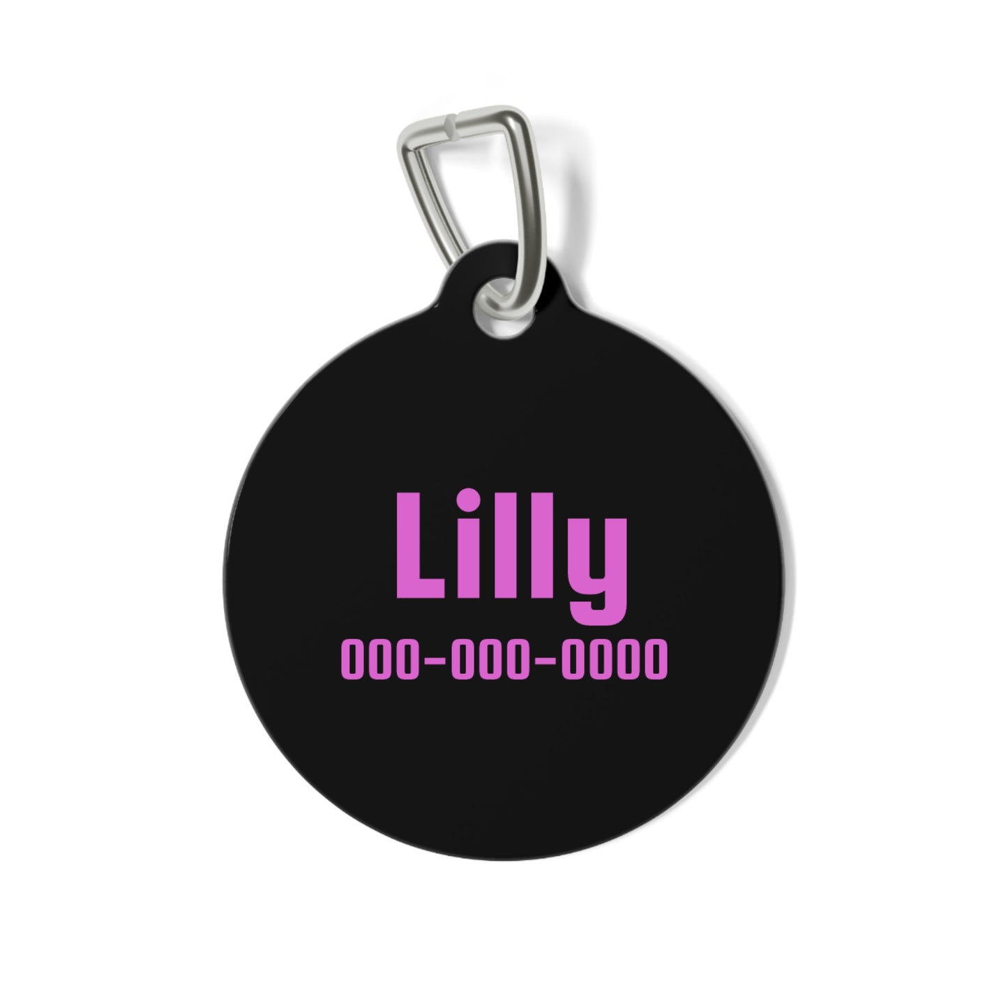 Personalized pet ID tag in black and pink with engraved details, ideal for dogs or cats, by Printify.