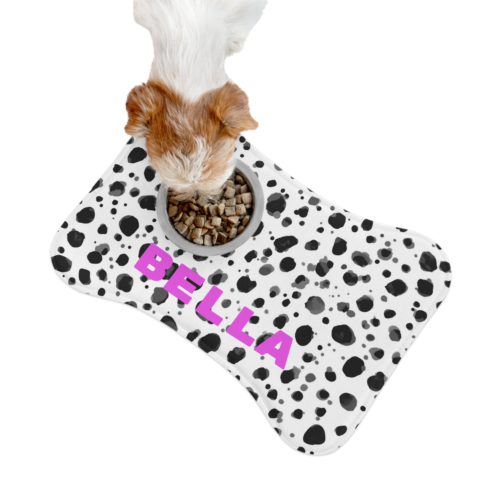 Black and white speckled personalized pet feeding mat for pets, featuring customizable design and durable material.
