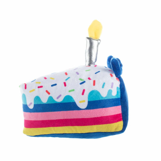 PetShop by Fringe Studio plush dog toy shaped like a cake, soft and cuddly for pets, in vibrant colors.