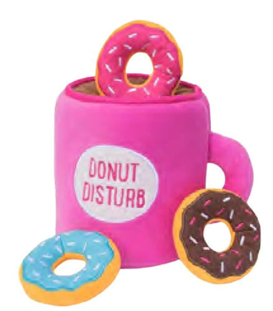 ZippyPaws Plush Coffee and Donutz Burrow Toy set featuring colorful coffee cup and donut plush toys for pets.
