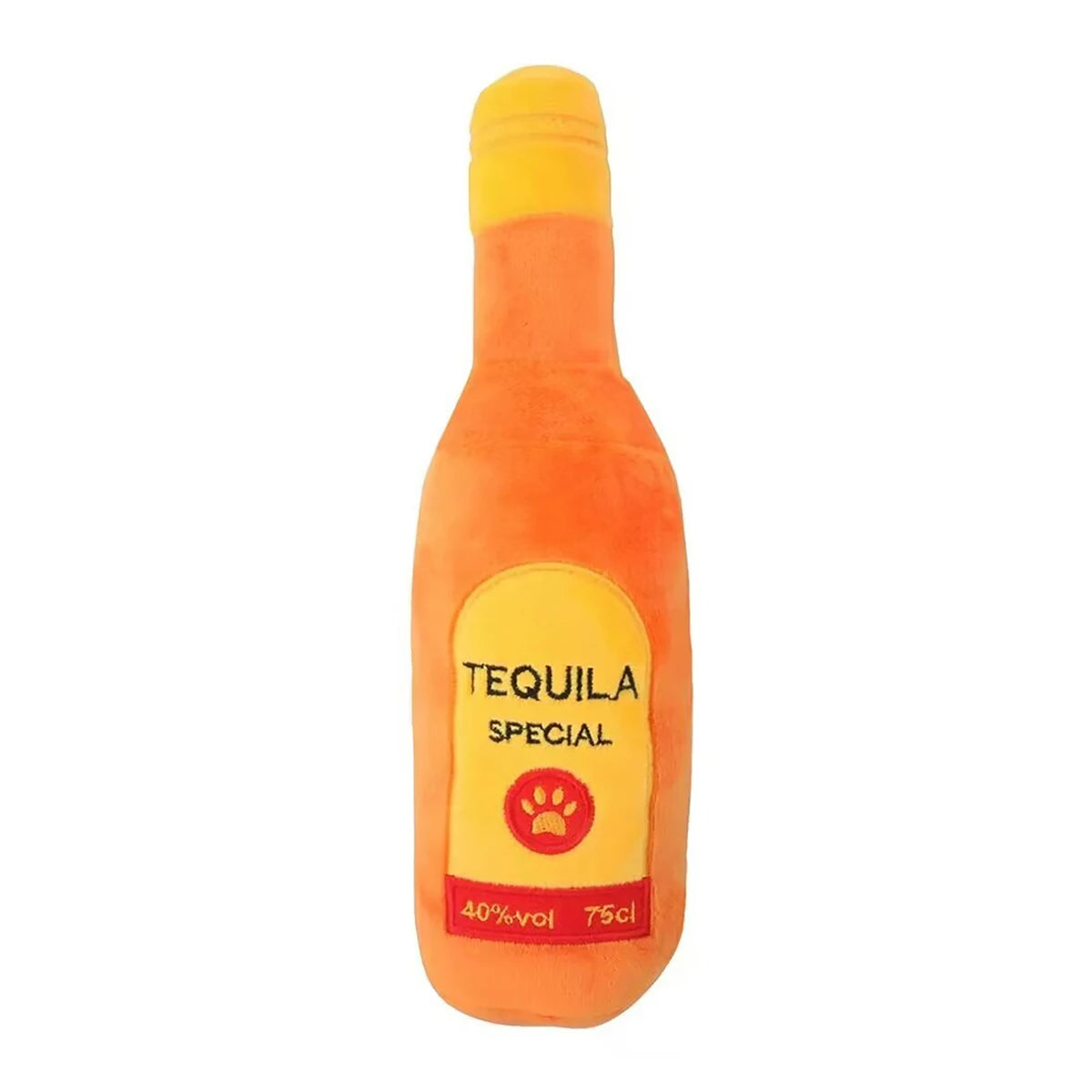 Fetch & Feature plush alcohol bottle-shaped dog chew toy with sound, soft plush material, designed for pet entertainment and play.