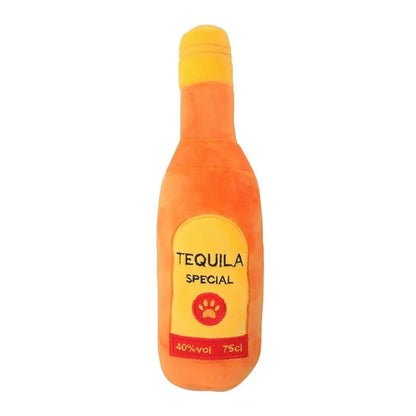 Fetch & Feature plush alcohol bottle-shaped dog chew toy with sound, soft plush material, designed for pet entertainment and play.
