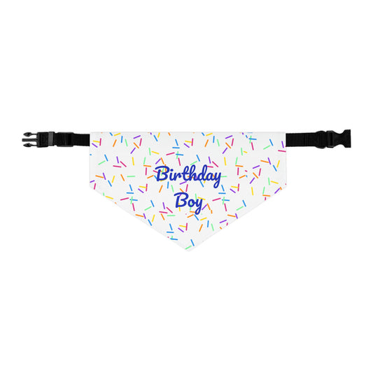 Pet bandana collar with "Birthday Boy" print, featuring a festive design for pets to celebrate special occasions.
