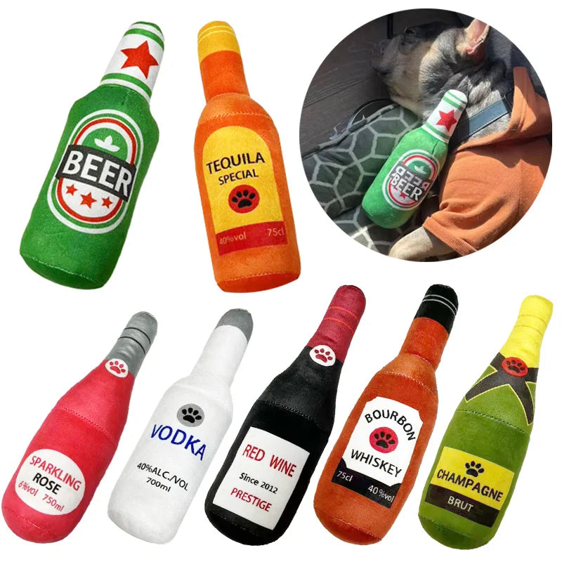 Fetch & Feature plush dog toy shaped like a beer bottle, squeaks, cleans teeth, suitable for small and large dogs.