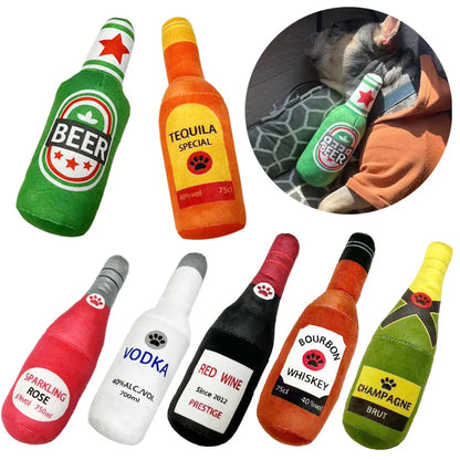 Fetch & Feature plush dog toy shaped like a beer bottle, squeaks, cleans teeth, suitable for small and large dogs.