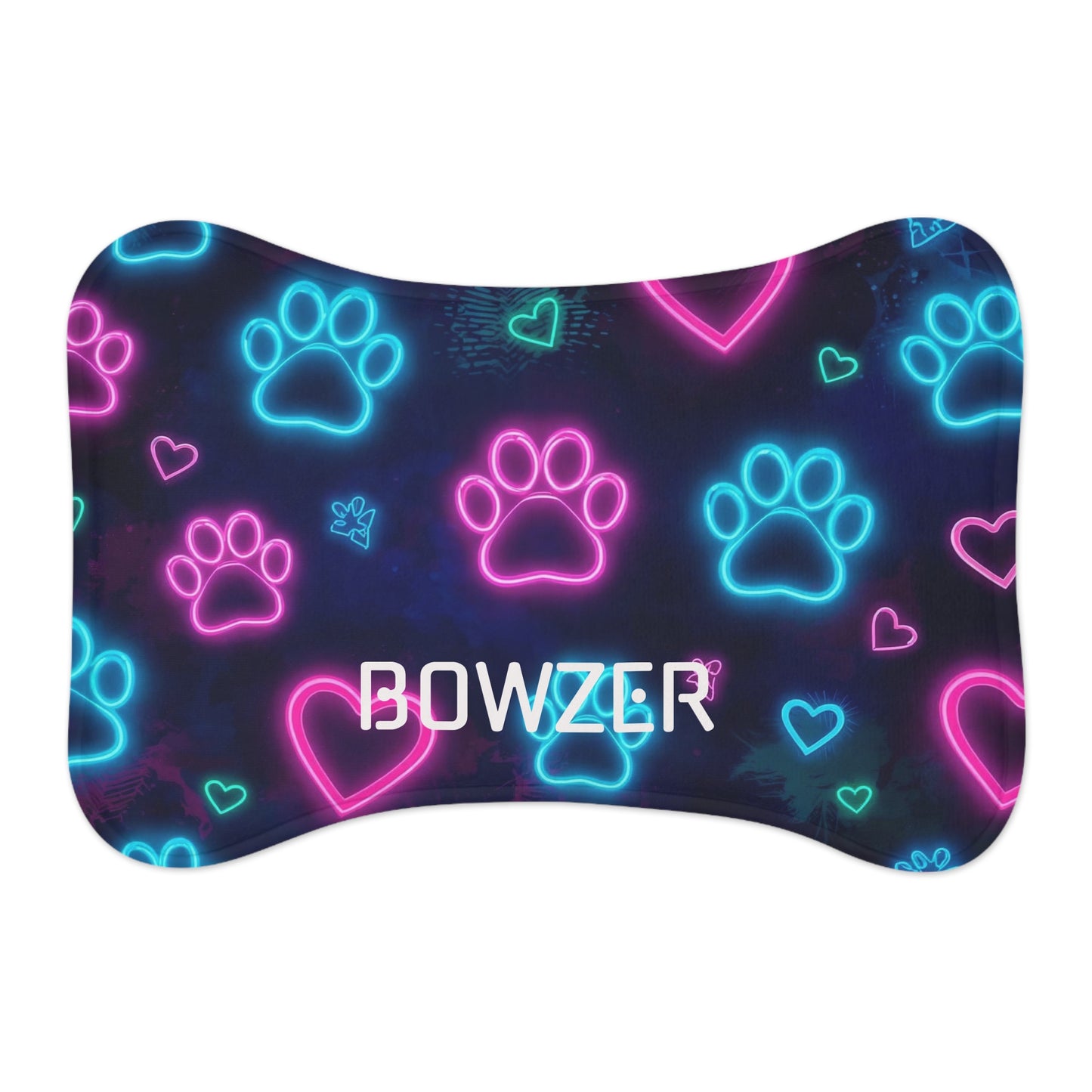 Personalized Neon Paws pet feeding mat with colorful paw print design for pets, made by Printify for comfortable feeding.