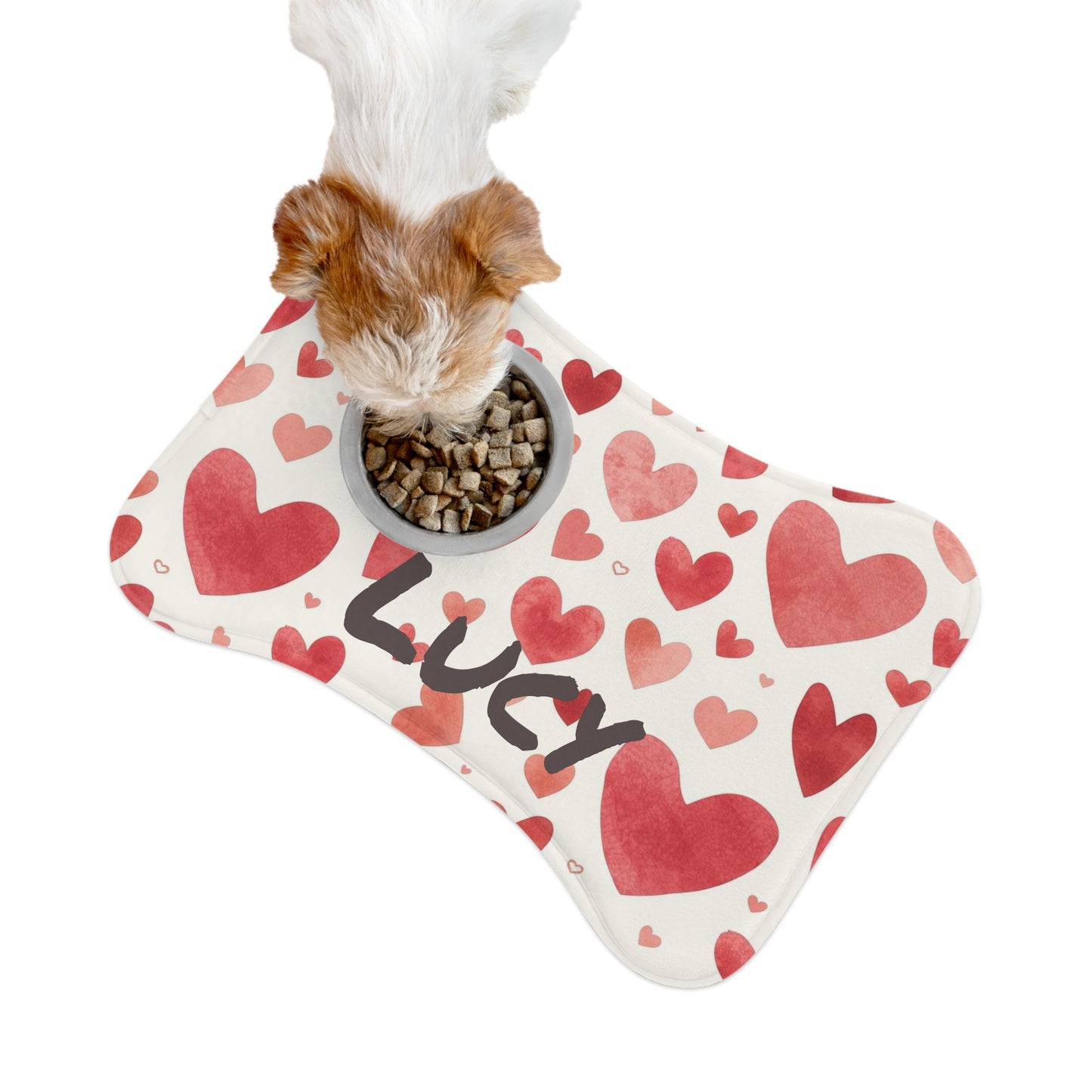 Personalized pet feeding mat with hearts pattern, made for pets, featuring colorful heart designs on a durable surface.