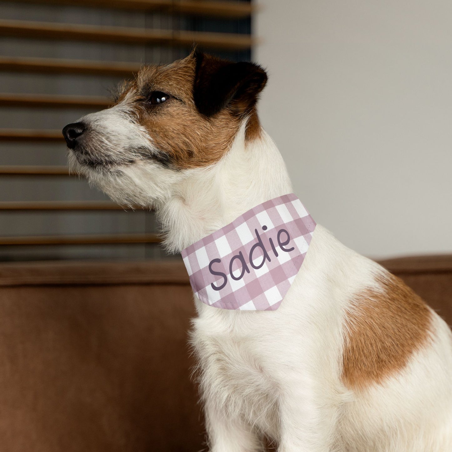 Pink gingham pet bandana collar with personalized customization, perfect for cats and dogs from Printify.