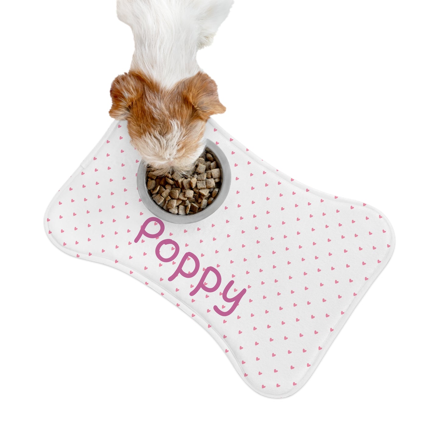 Personalized pet feeding mat with mini heart pattern, designed for pets, featuring a colorful printed design on a soft fabric mat.