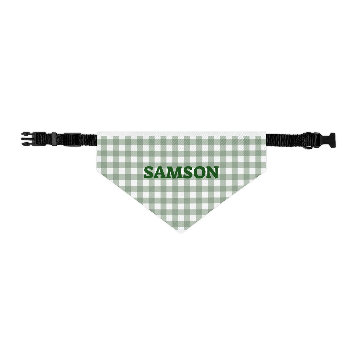 Personalized green gingham pet bandana collar with customizable name tag for dogs or cats.