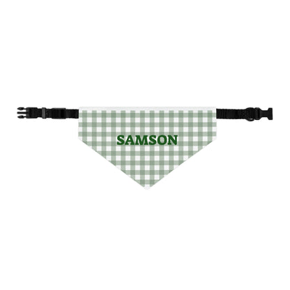 Personalized green gingham pet bandana collar with customizable name tag for dogs or cats.