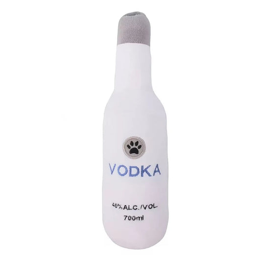 Soft plush dog chew toy shaped like a bottle with sound, designed for pet play and entertainment by Fetch & Feature.