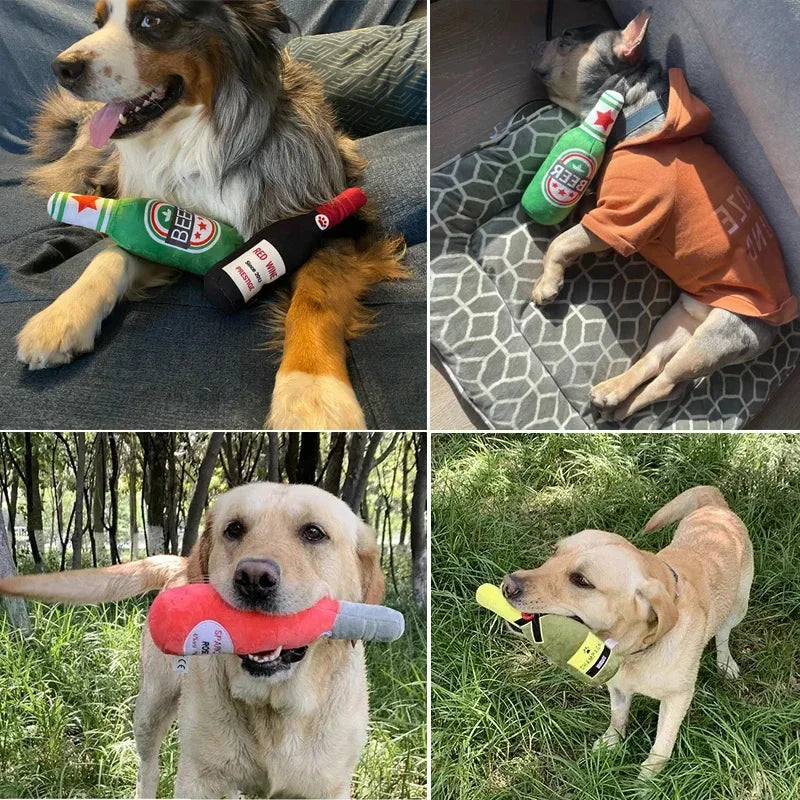 Fetch & Feature plush dog toy shaped like a beer bottle, squeaks and cleans teeth, ideal for small and large dogs.