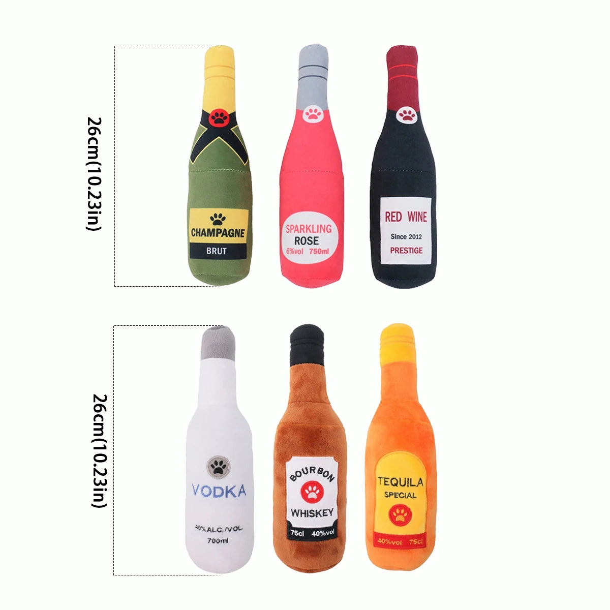 Fetch & Feature plush alcohol bottle-shaped dog chew toy with sound, soft pet play doll for entertainment and chewing fun.