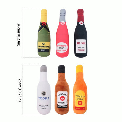 Fetch & Feature plush alcohol bottle-shaped dog chew toy with sound, soft pet play doll for entertainment and chewing fun.