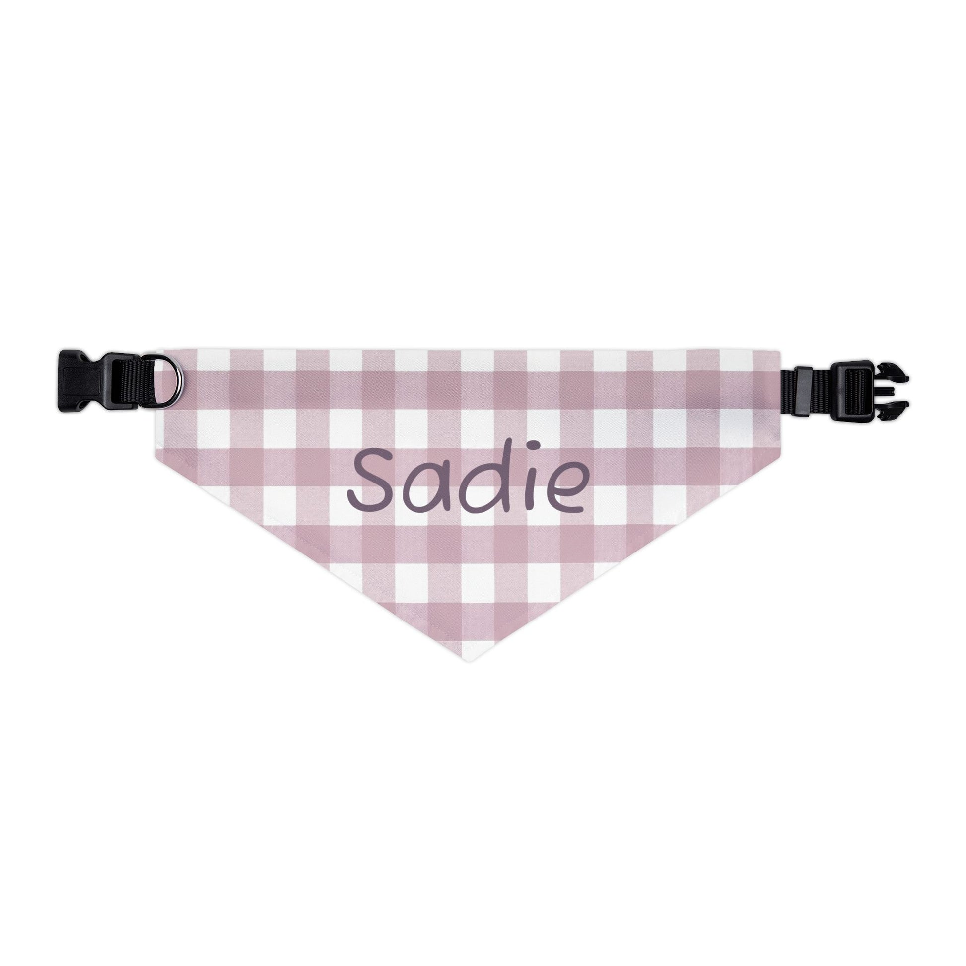 Pink gingham print personalized pet bandana collar for dogs, featuring adjustable design and soft fabric.