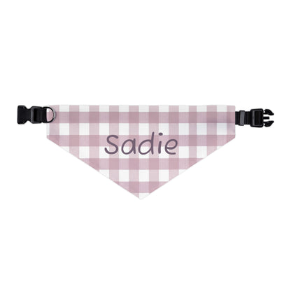 Pink gingham print personalized pet bandana collar for dogs, featuring adjustable design and soft fabric.