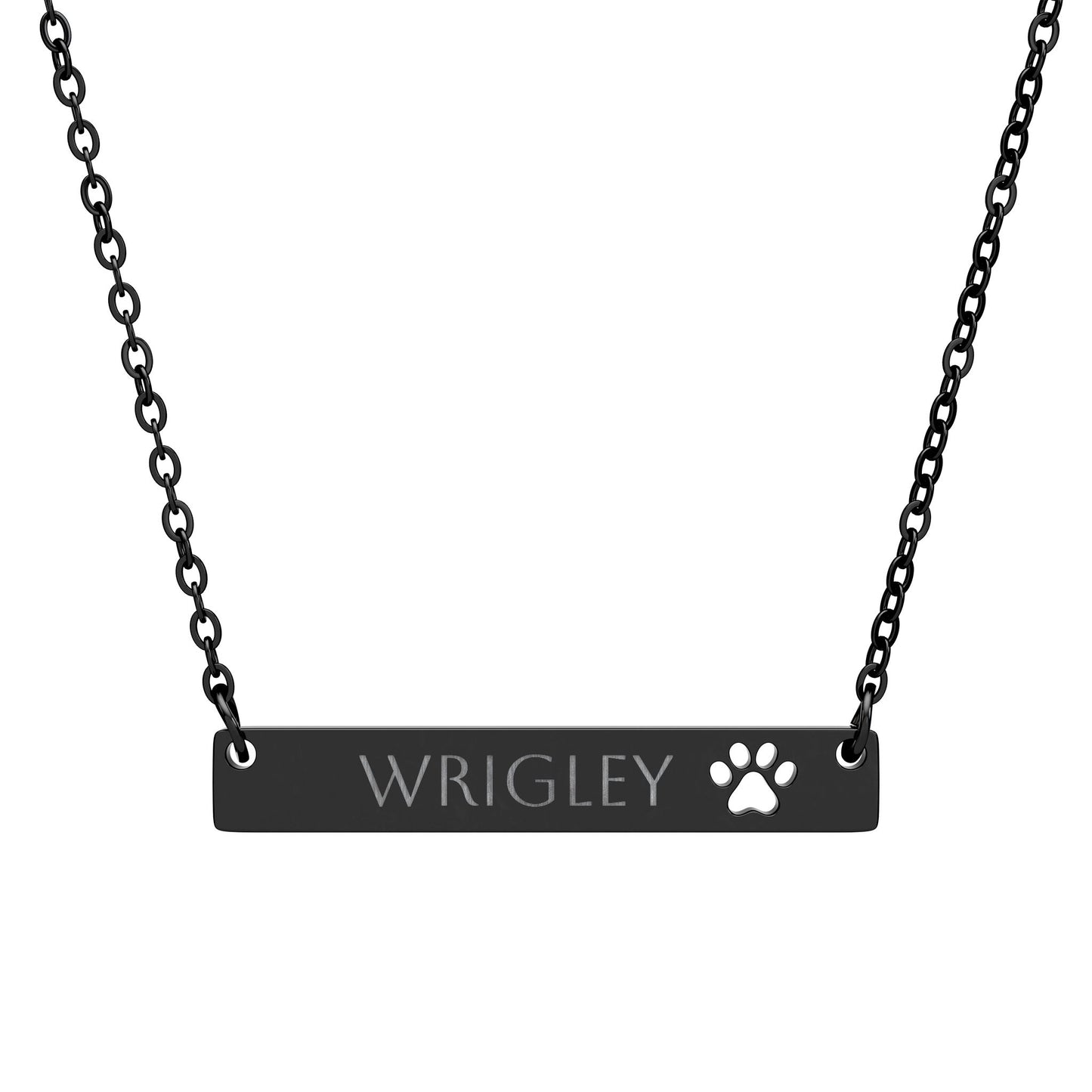 Personalized paw cutout bar necklace with engraved pet name, stylish pet jewelry accessory in silver tone.