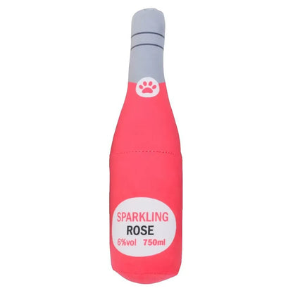 Soft plush dog toy shaped like an alcohol bottle with sound, designed for pet play and entertainment by Fetch & Feature.