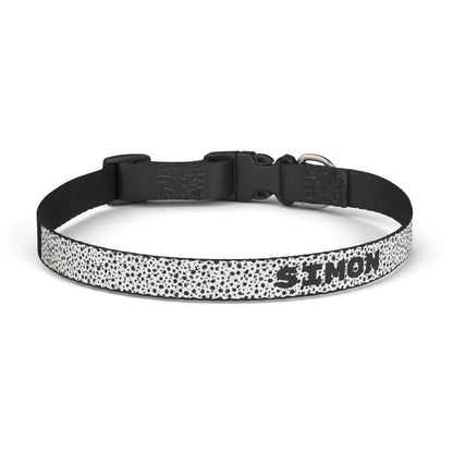 Personalized clip-on pet collar with black and white pattern for cats or dogs, made by Printify.