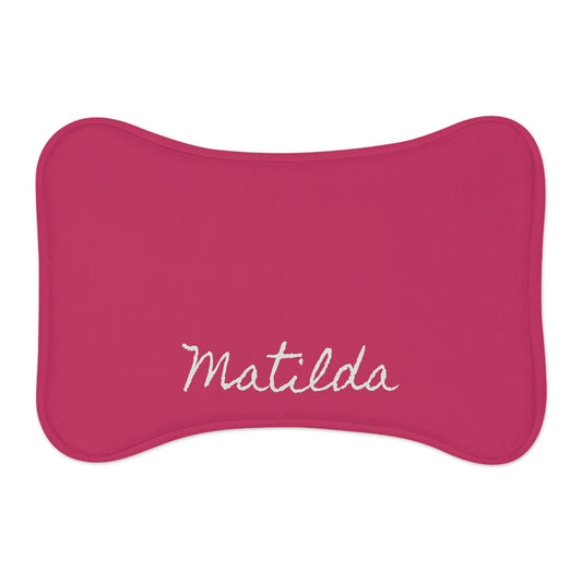 Hot pink personalized pet feeding mat with printed design, made for pets, by Printify, suitable for feeding bowls and preventing spills.