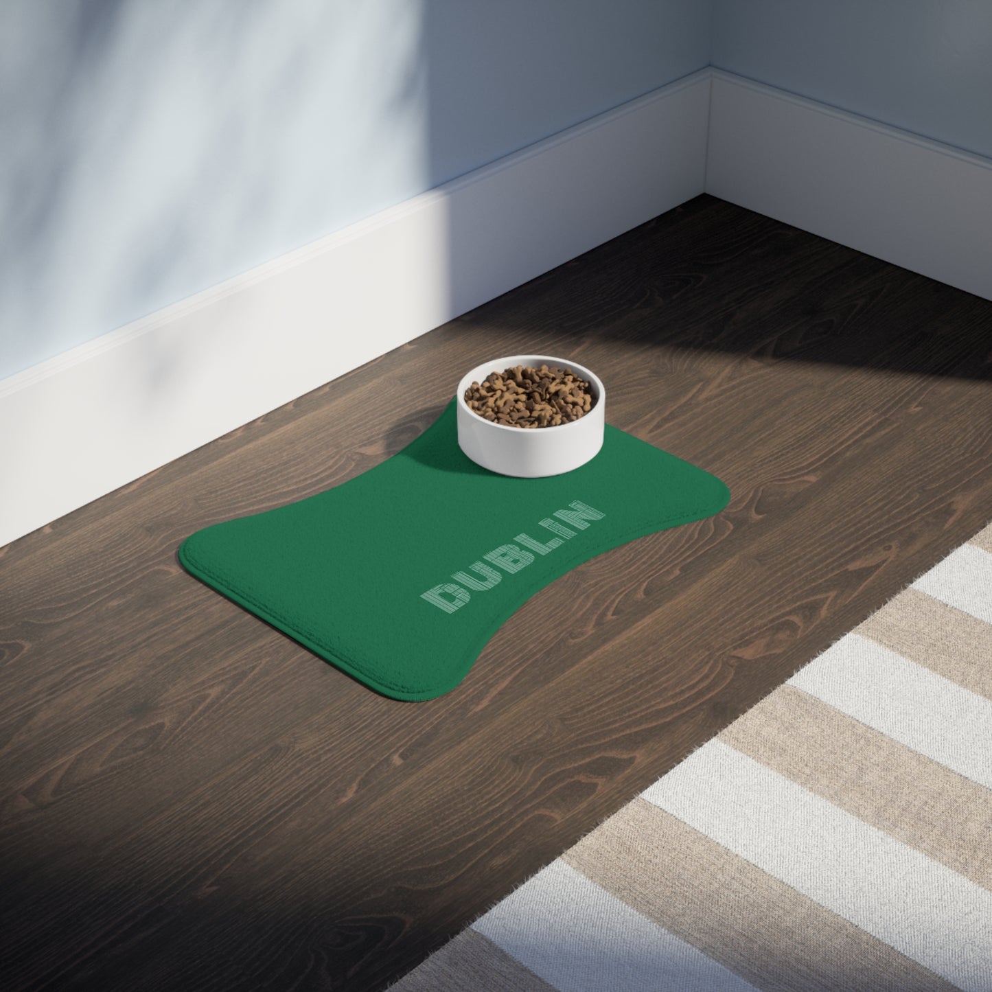 Plain green personalized pet feeding mat with Printify branding, designed for feeding areas for cats or dogs.