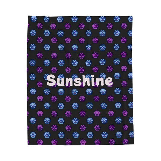 Personalized plush blanket with all-over neon paw print design from Printify, soft and cozy for comfort and warmth.