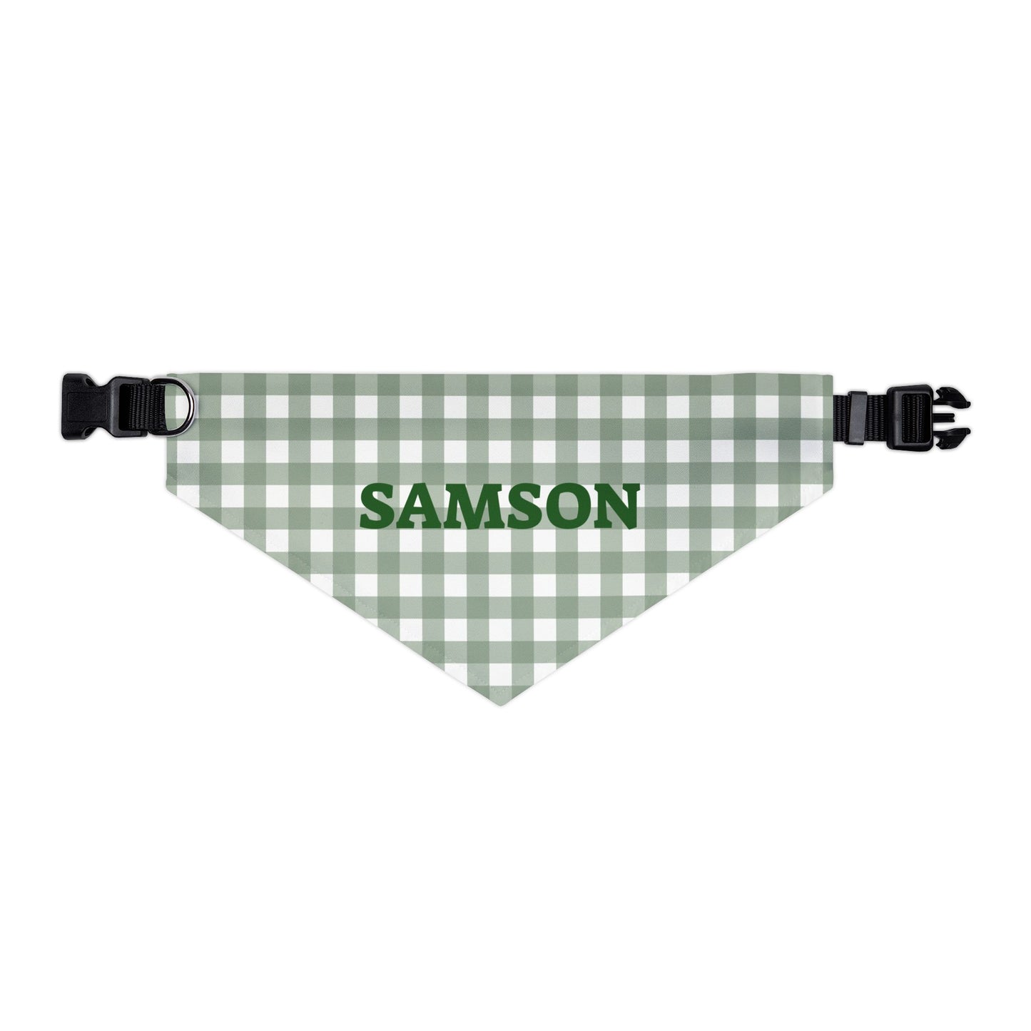 Personalized green gingham bandana collar for pets with adjustable strap and printed name tag, made by Printify.