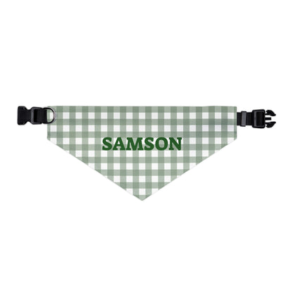 Personalized green gingham bandana collar for pets with adjustable strap and printed name tag, made by Printify.