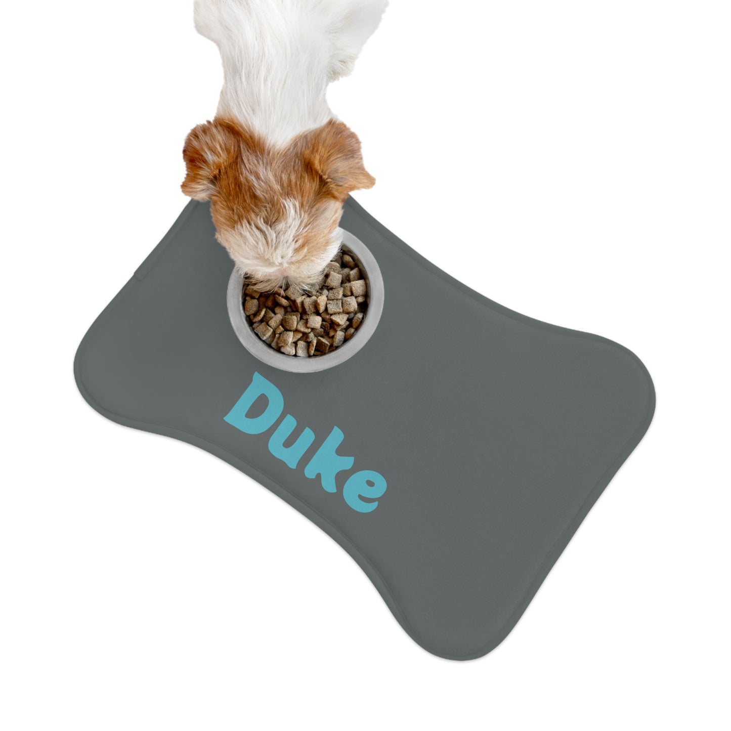 Personalized charcoal pet feeding mat with custom text, made for pets, featuring a soft, non-slip surface for feeding and watering bowls.