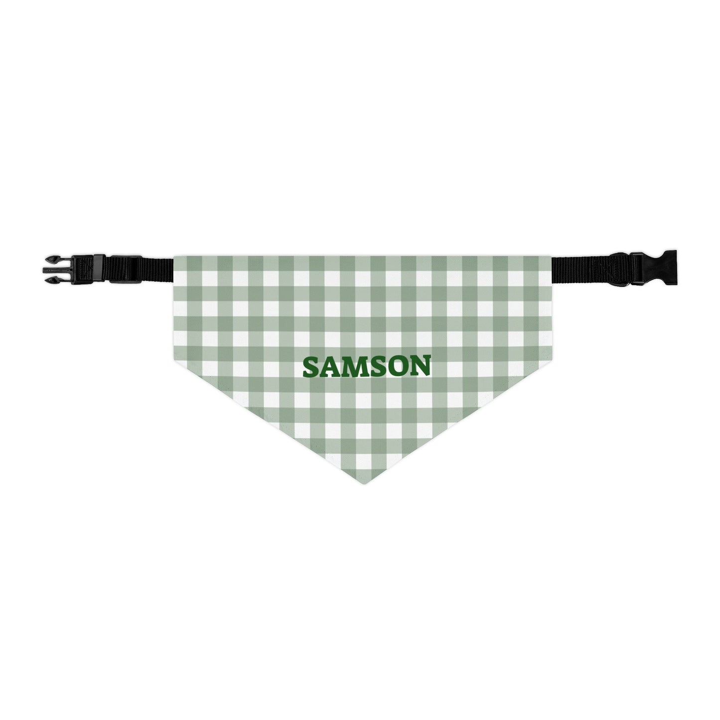 Green gingham personalized pet bandana collar with adjustable strap, perfect for dogs or cats.