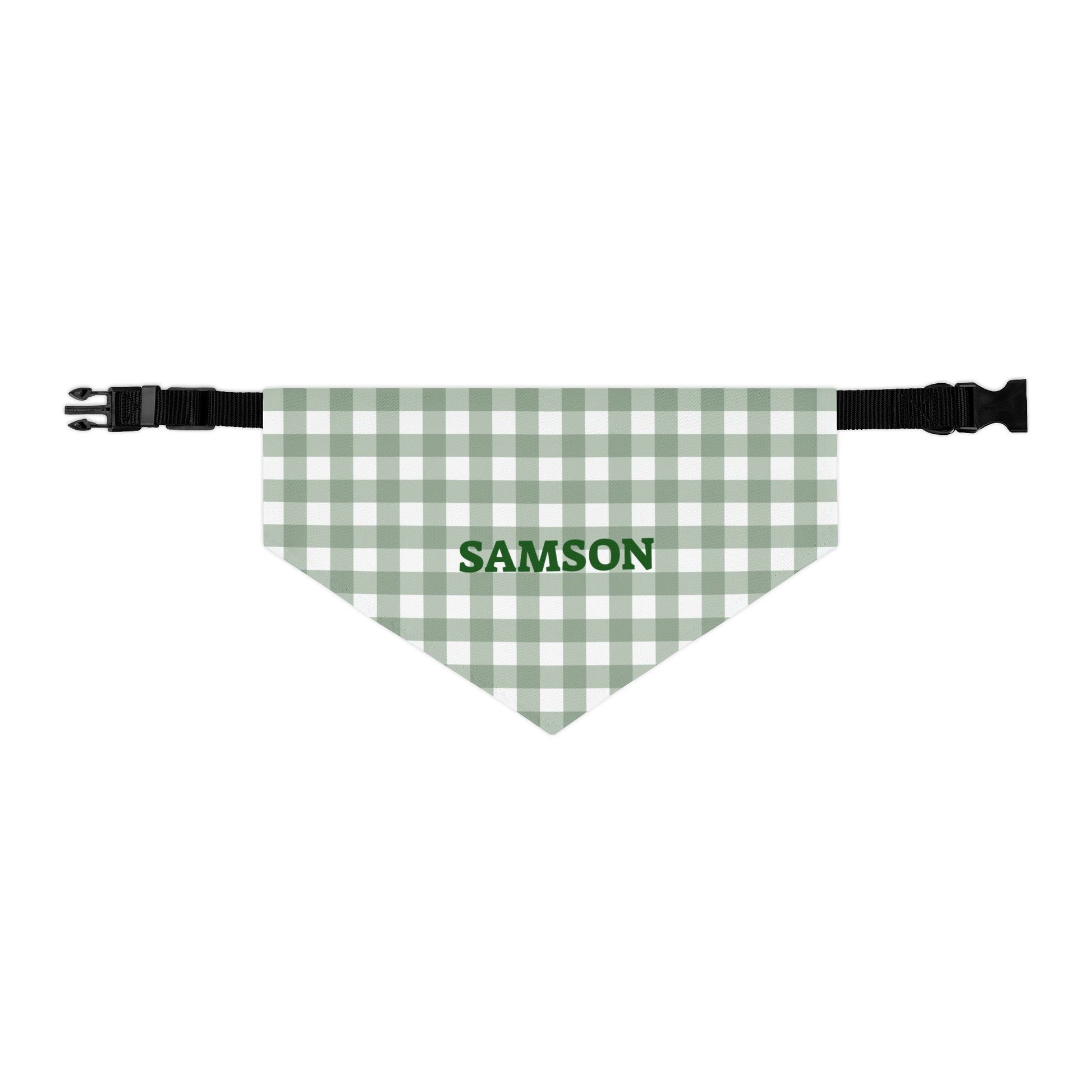 Green gingham personalized pet bandana collar with adjustable strap, perfect for dogs or cats.
